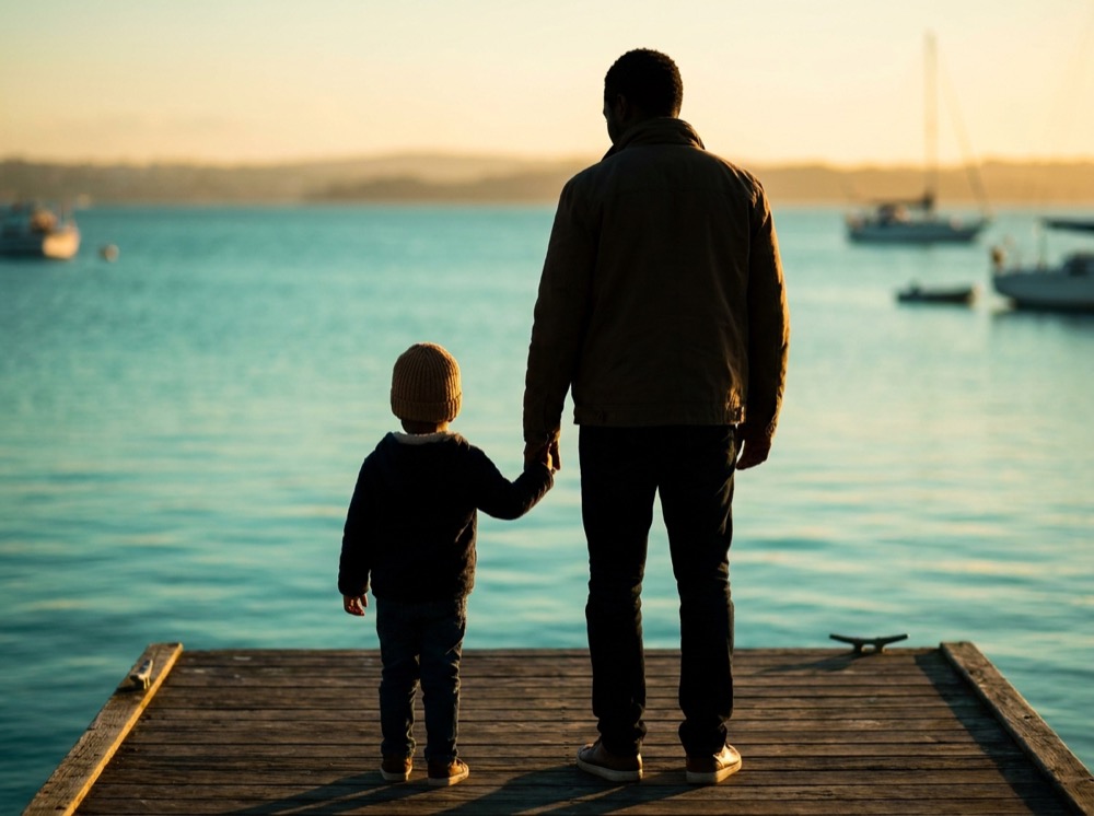 A parent and young child seen from behind, looking out over calm, still water.