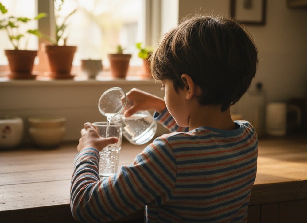 A child, seen from behind, carefully pours water into a glass at a kitchen counter.