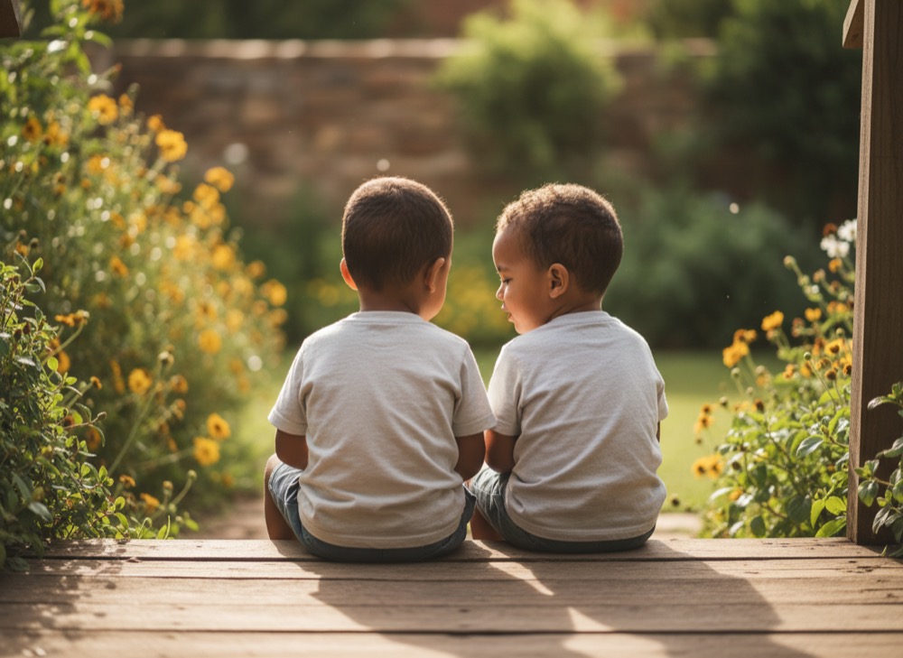 Two children, seen from behind, sit together in conversation on outdoor steps.